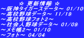 　　　　☆ 更新情報 ☆ ～阪神タイガースデータ～ 01/10 ～高校野球データ～ 11/19 ～高校野球フォト2～  ～社会人野球データ～ 01/09 ～メモ帳2～ 01/10 ～フォト～ 04/04